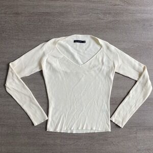The Limited Cream Ribbed Long Sleeve V Neck Top Minimalist Staple Small 1354